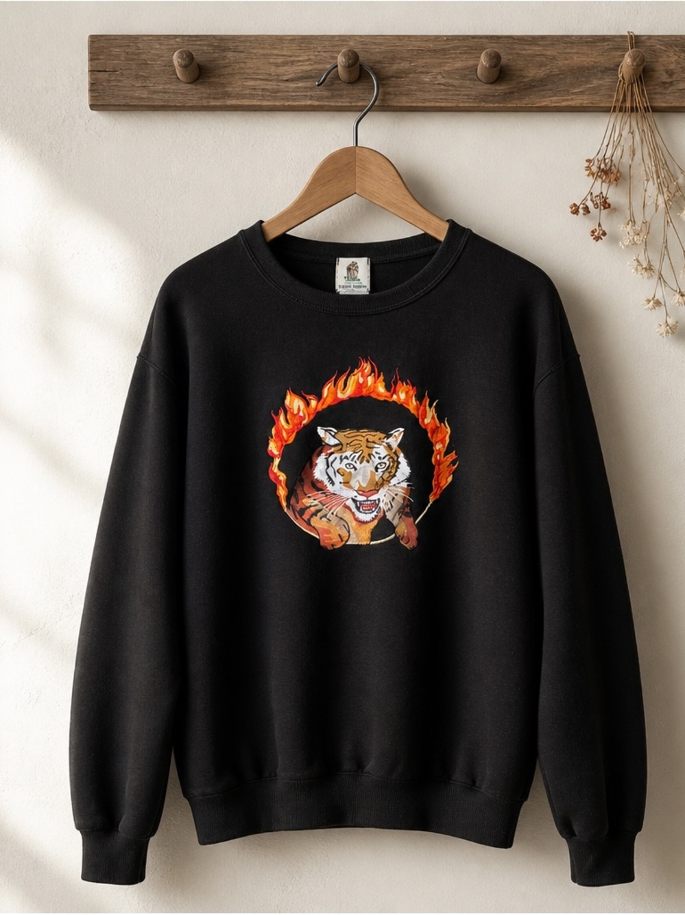 Black Crewneck Sweater with Flaming Tiger Graphic
